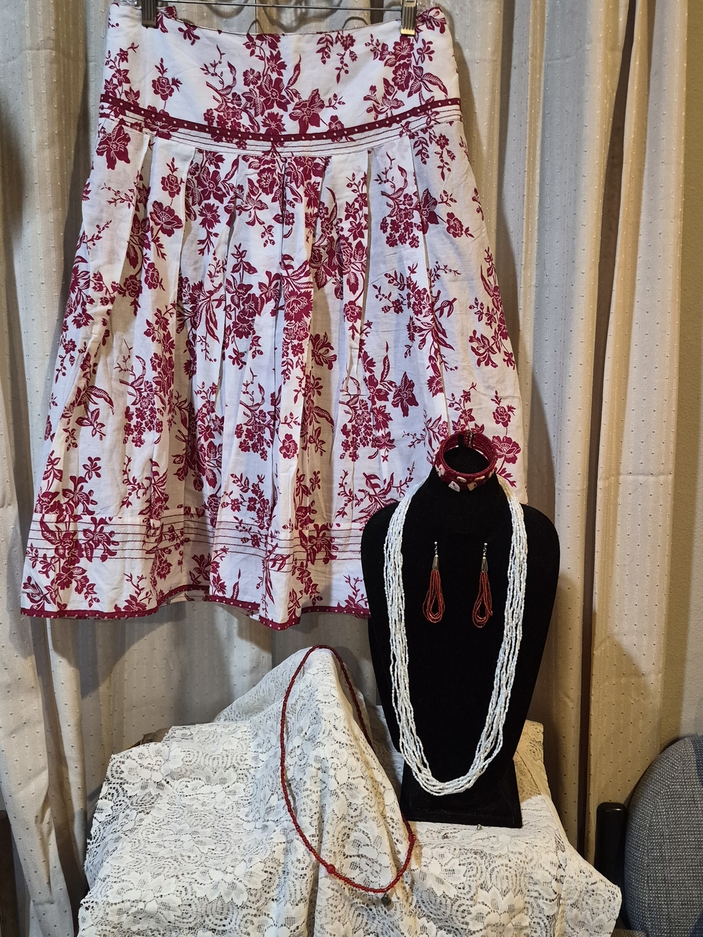 5PC Cottagecore Outfit Set St John’s Bay Red Toile Skirt 22W Boho Jewelry